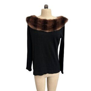 Vintage Designers Originals Black Sweater With Luxurious Brown Faux Fur Collar M